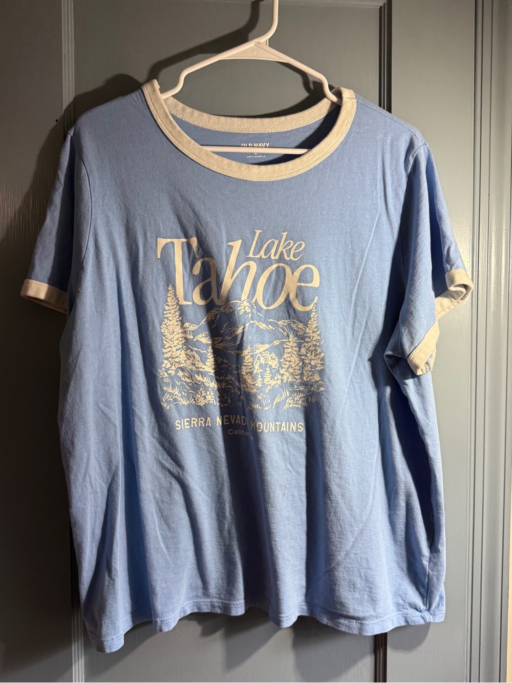 Old Navy Lake Tahoe Graphic Ringer Tee - Light Blue with Cream Trim